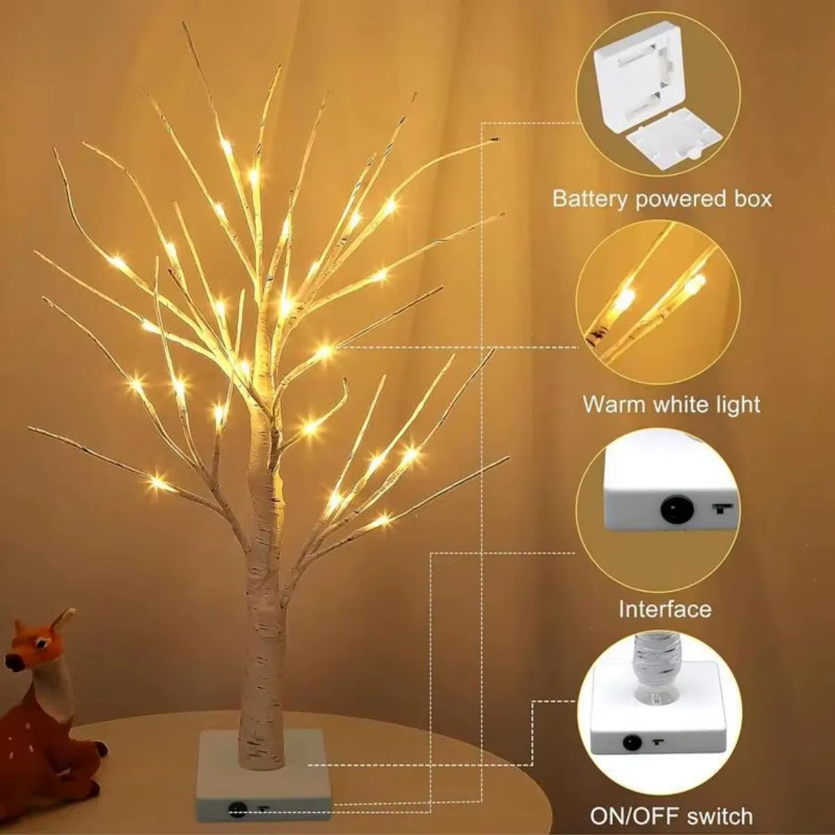 1Pc 24 LED Easter Tree, Birch Tree Adjustable Branches 3AA and USB Power Supply, Bedroom Decorative Tree Light (Without Battery)