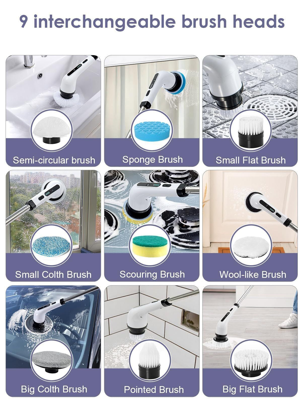 9 in 1 Electric Spin Scrubber Cordless Cleaning Brush Bathroom Rotating Scrubber