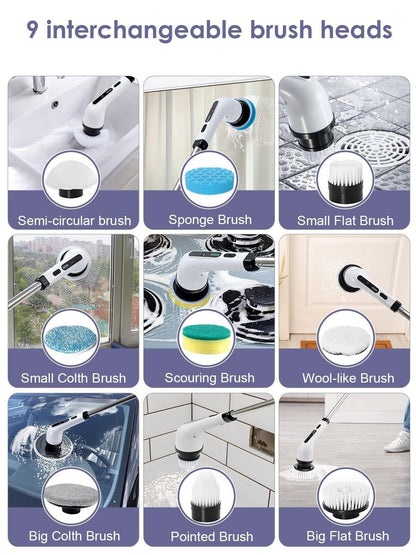 9 in 1 Electric Spin Scrubber Cordless Cleaning Brush Bathroom Rotating Scrubber