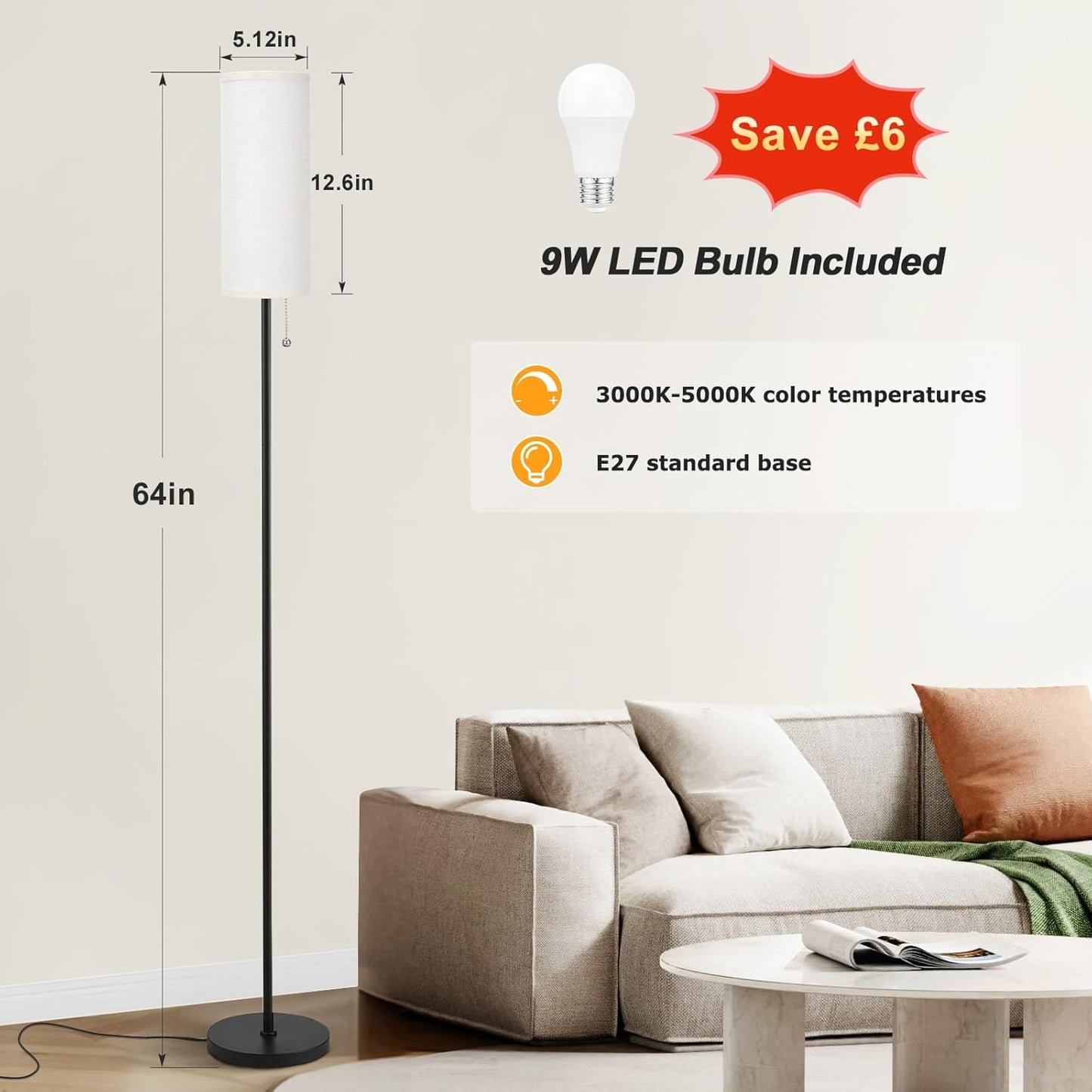 Floor Lamp for Living Room Modern, Floor Lamps for Bedrooms, Modern Standing Lamp with Lampshade, 64'' Standard Tall Lamps for Living Room, Reading Light Floor Lamp(Bulb Included)