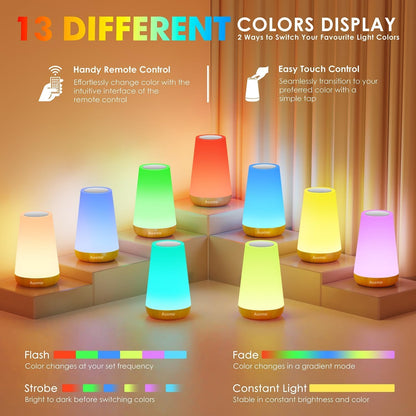 Night Light, LED Touch Bedside Table Lamp, Remote Control Dimmable Light with RGB Color Changing, USB Rechargeable, Portable Lamp for Children, Kids, Bedroom, Living Room, Camping