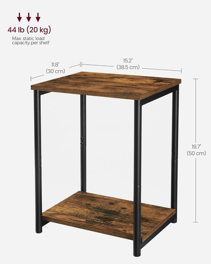 Set of 2 Side Tables, 2-Tier Sofa Side Tables, Bedside Tables with Steel Frames, for Living Room, Bedroom, Home Office, Industrial Style, Rustic Brown and Black LET272B01