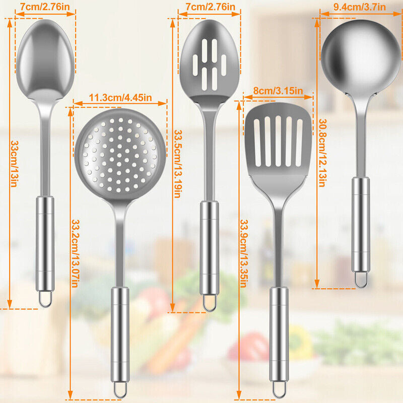 Set of 5 Stainless Steel Kitchen Utensil Set Turner Masher Spoon Cooking Tools