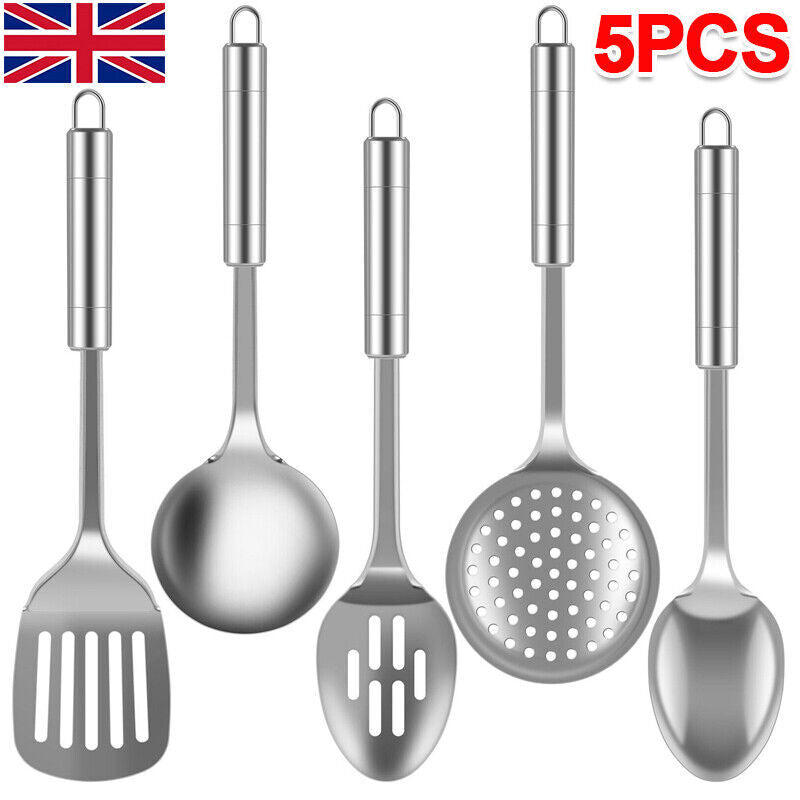 Set of 5 Stainless Steel Kitchen Utensil Set Turner Masher Spoon Cooking Tools