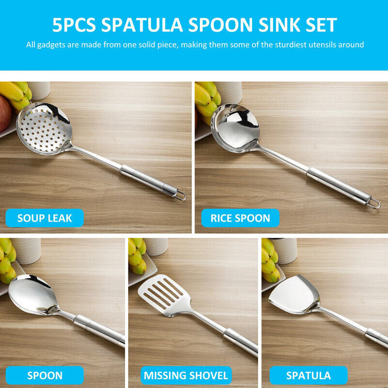 Set of 5 Stainless Steel Kitchen Utensil Set Turner Masher Spoon Cooking Tools