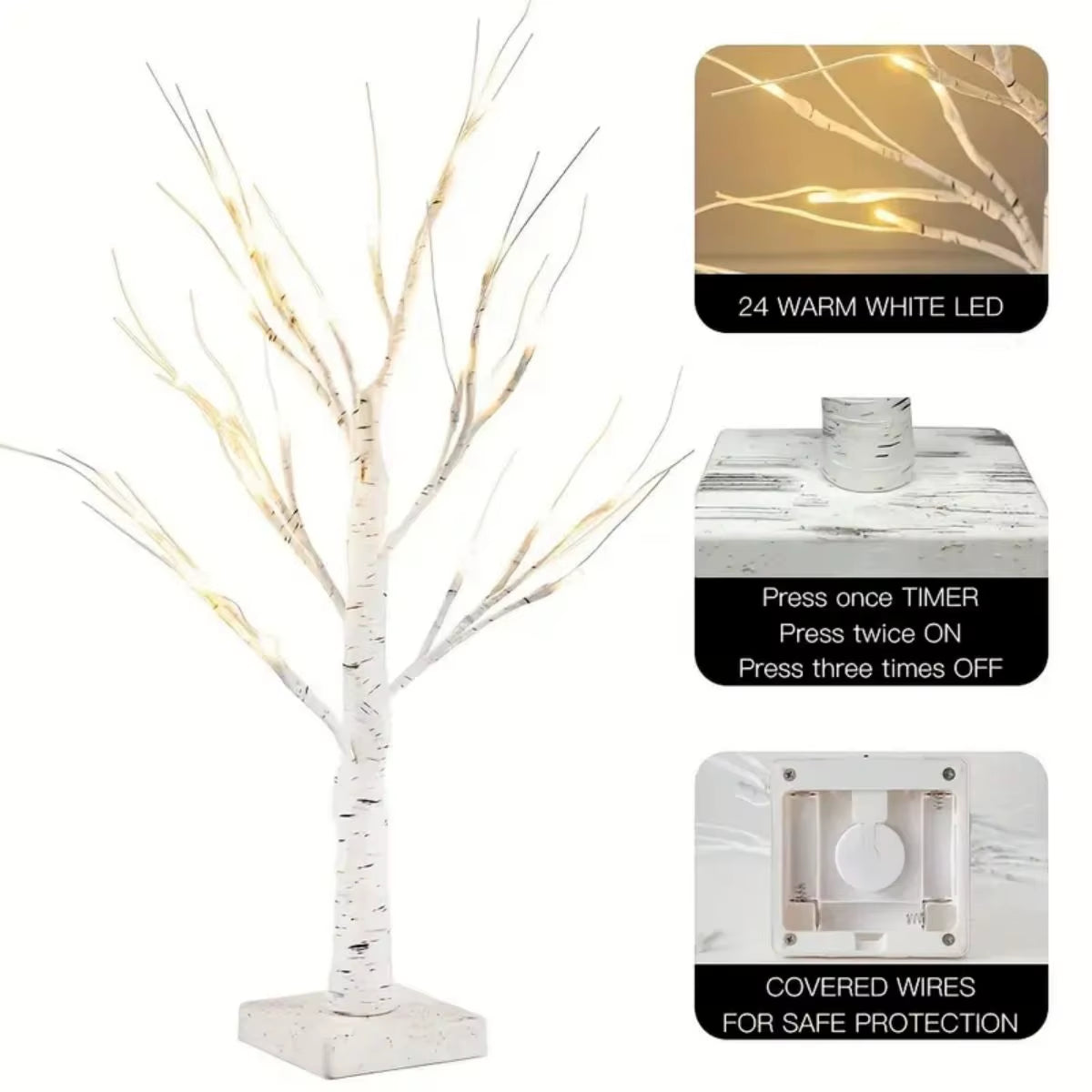 1Pc 24 LED Easter Tree, Birch Tree Adjustable Branches 3AA and USB Power Supply, Bedroom Decorative Tree Light (Without Battery)