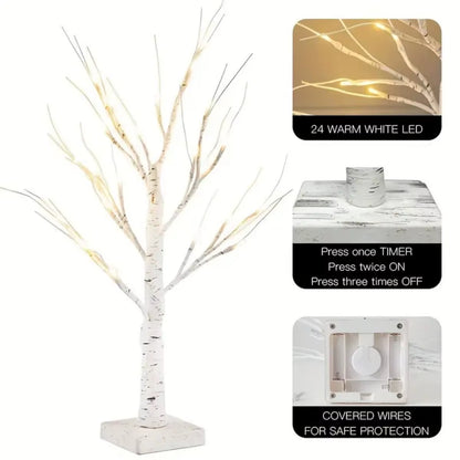 1Pc 24 LED Easter Tree, Birch Tree Adjustable Branches 3AA and USB Power Supply, Bedroom Decorative Tree Light (Without Battery)