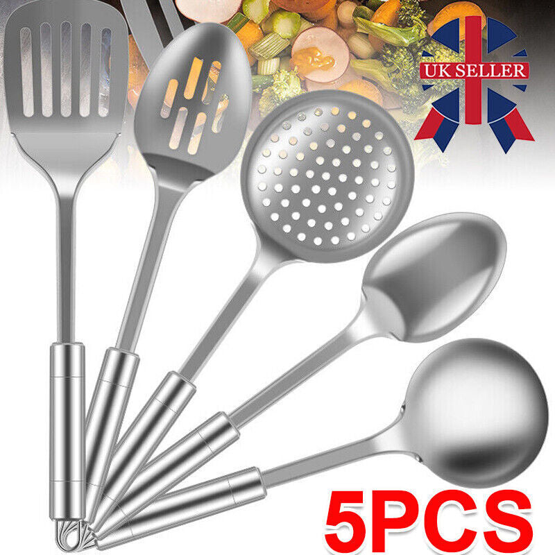 Set of 5 Stainless Steel Kitchen Utensil Set Turner Masher Spoon Cooking Tools
