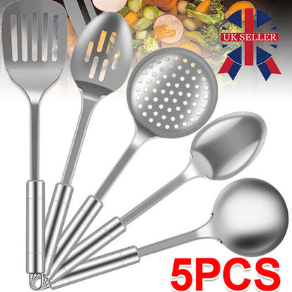 Set of 5 Stainless Steel Kitchen Utensil Set Turner Masher Spoon Cooking Tools