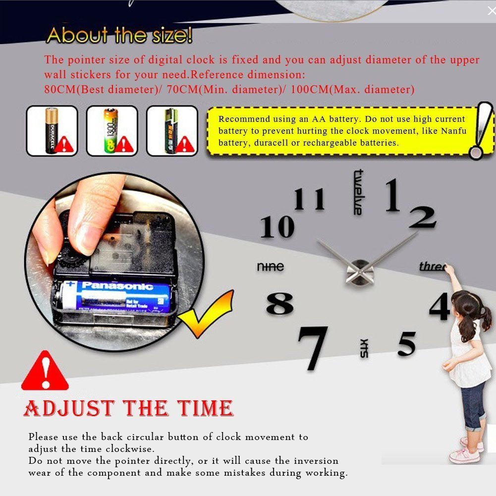 DIY 3D Frameless Number Wall Clock Mirror Sticker Home Office Room Decor