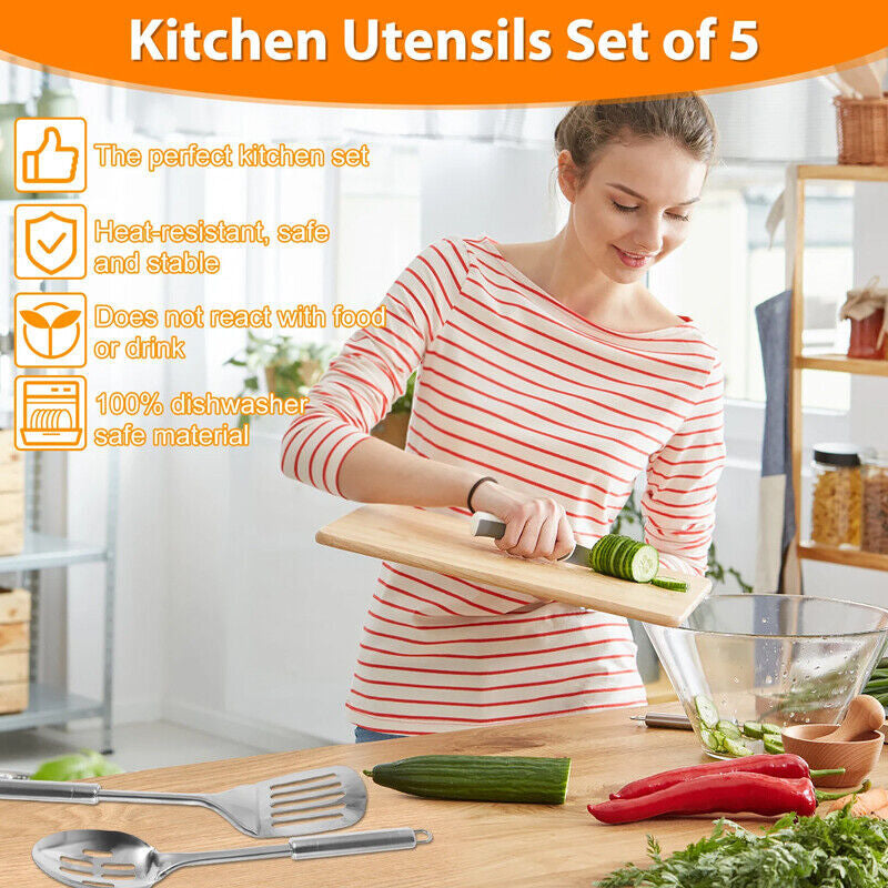 Set of 5 Stainless Steel Kitchen Utensil Set Turner Masher Spoon Cooking Tools