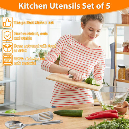 Set of 5 Stainless Steel Kitchen Utensil Set Turner Masher Spoon Cooking Tools