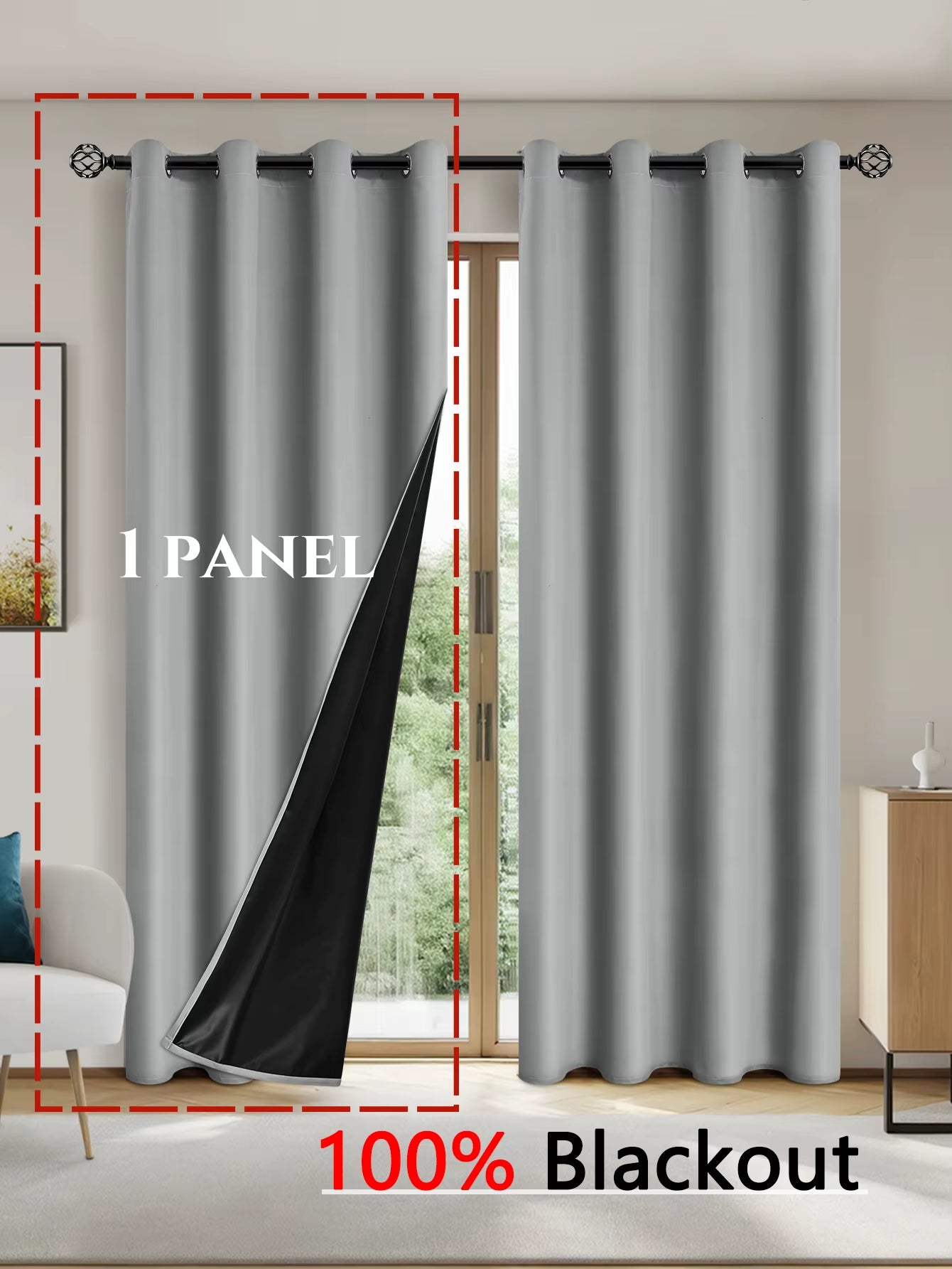 1Panel Solid 100% Blackout Curtains with Grommets, Total Privacy Drapes for Bedroom, Living Room, Home Decor