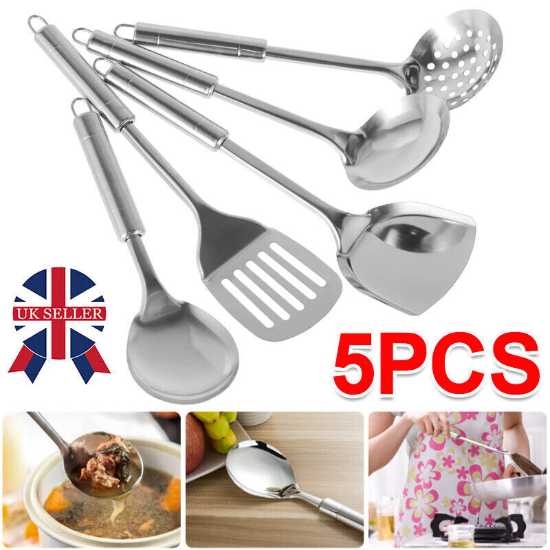 Set of 5 Stainless Steel Kitchen Utensil Set Turner Masher Spoon Cooking Tools