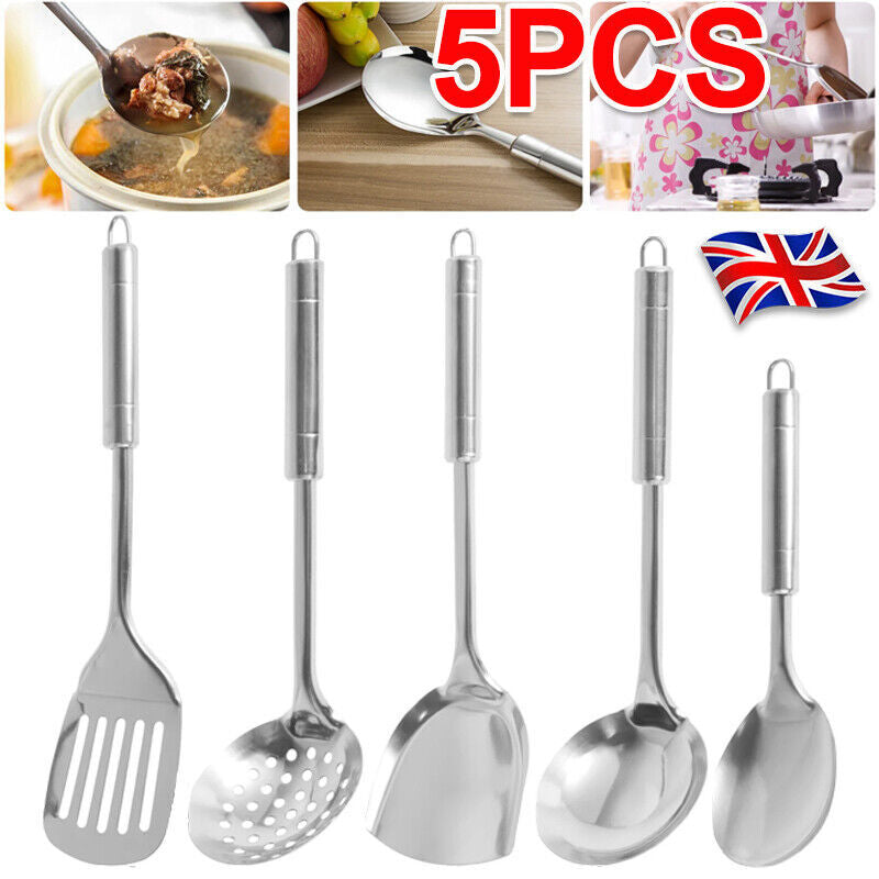 Set of 5 Stainless Steel Kitchen Utensil Set Turner Masher Spoon Cooking Tools