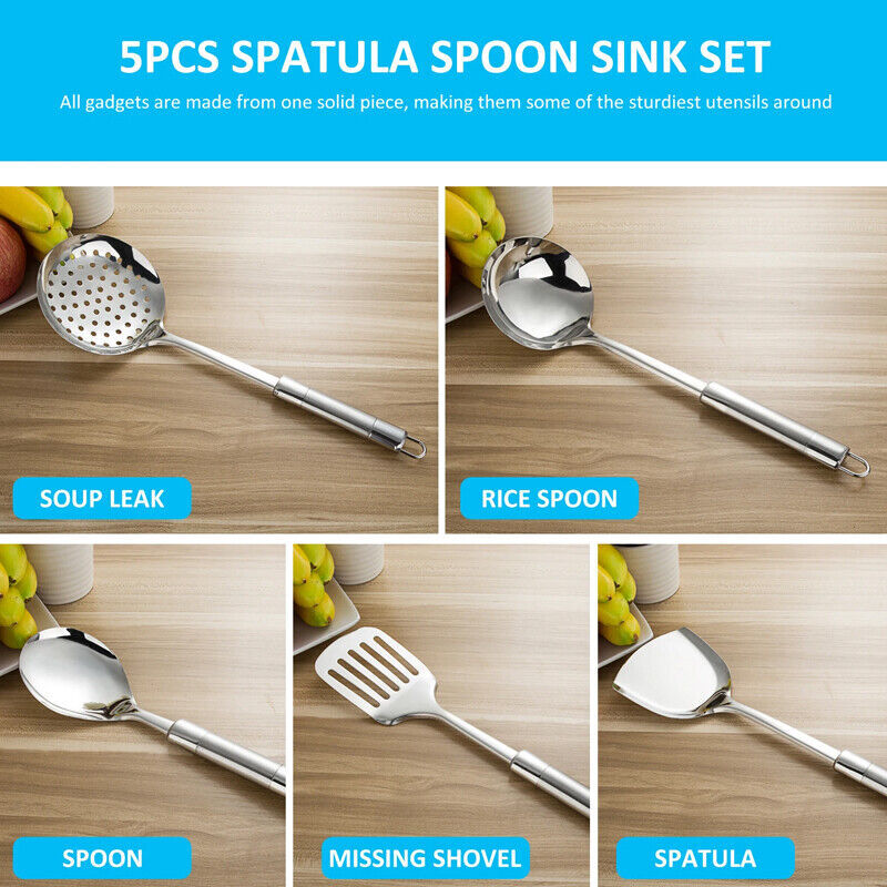 Set of 5 Stainless Steel Kitchen Utensil Set Turner Masher Spoon Cooking Tools